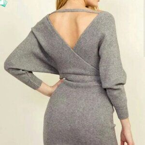 Ribbed Knit V-Neck Wrap Front Off-the-Shoulder Mini Sweater Dress